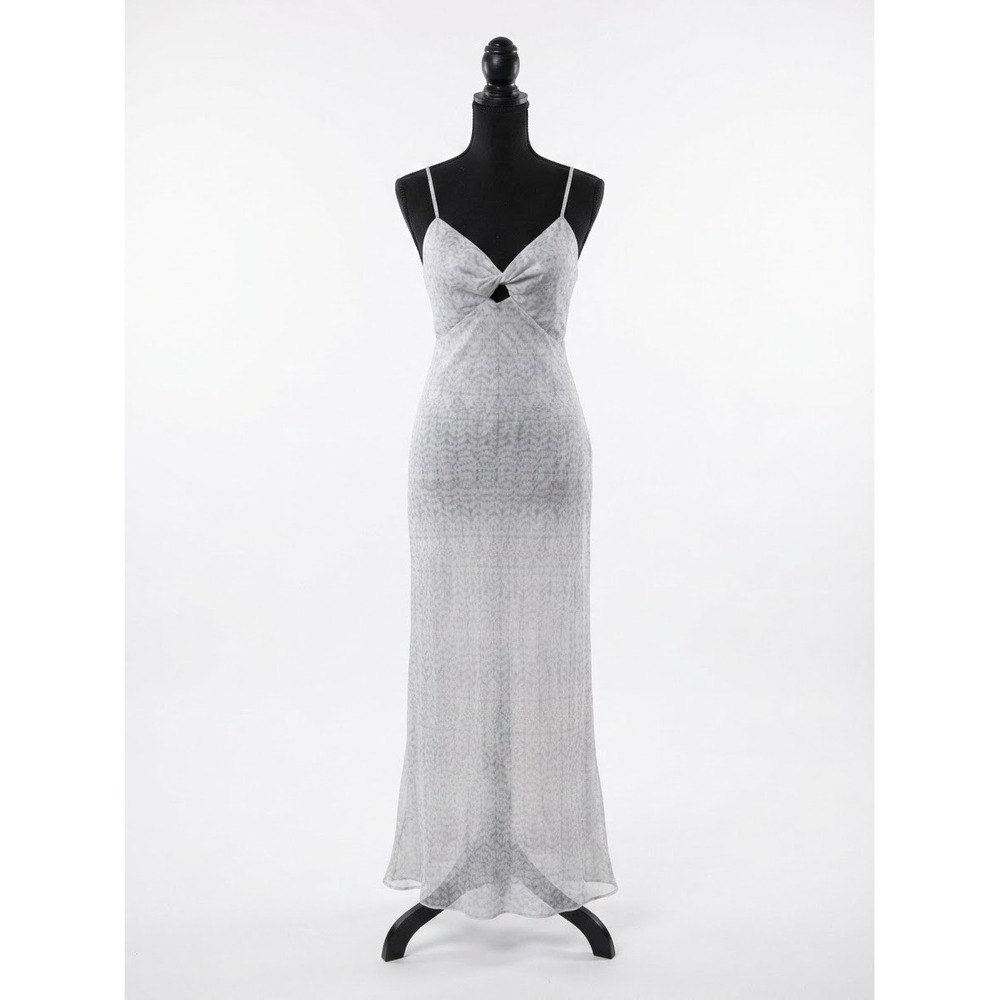 Intermix Maxi Dress Women 2 White Blue Excellent Knot Front Cutout Ikat Chiffon